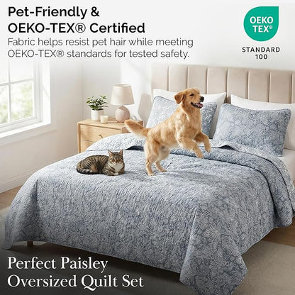 Southshore Fine Living, Inc. Extra Large King Size Quilts, Paisley Quilt, Blue and White Bedspread, 3-Piece Bohemian Bedding Set with Two Matching Shams, California/King, Reversible Blue