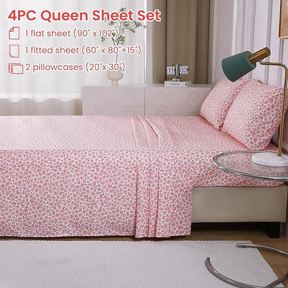 Softan Pink Floral Queen Sheet Set, Cozy Microfiber Leopard Printed Fitted Bed Sheet with 15" Deep Pockets & Corner Non-Slip Straps, Cute Patterned Sheets & Pillowcase Set