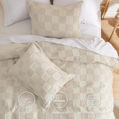 Bedsure Boho Kids Duvet Cover King Size（Duvet Insert/Comforter not Included - Checkered King Duvet Cover for All Seasons, Soft Shabby Chic Boho Bedding (Beige, 104" x 90")