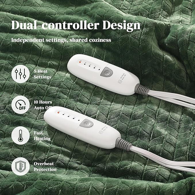 Heated Blanket King Size 90"x100" Electric Blanket King with Dual Control 5 Heat Settings, 10H Auto Off, FCC/ETL Certified, Wheat Pattern Flannel, Grandma, Machine Washable, Green