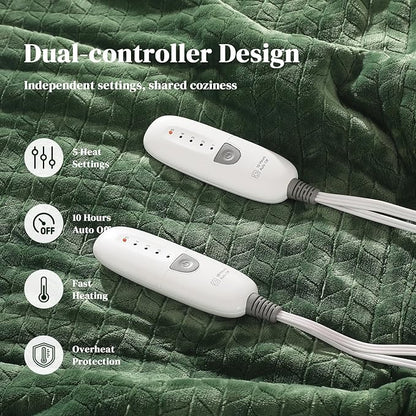 Heated Blanket King Size 90"x100" Electric Blanket King with Dual Control 5 Heat Settings, 10H Auto Off, FCC/ETL Certified, Wheat Pattern Flannel, Grandma, Machine Washable, Green