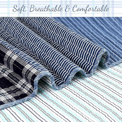 Cozy Line Home Fashions Plaid Patchwork Bedding Quilt Set, Navy Blue 100% Cotton Reversible Coverlet Bedspread for Kids Teen Boy (Craver, Queen - 3 Piece)