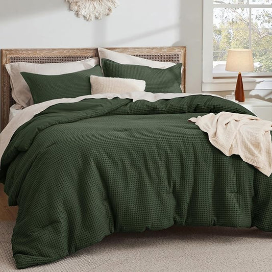 Bedsure Waffle Comforter Set King, Olive Green Soft Bedding, Waffle Weave Bed Set, 3 Pieces, 1 Comforter (104"x90") and 2 Pillow Shams, Cotton Shell and Polyester Lining for All Seasons