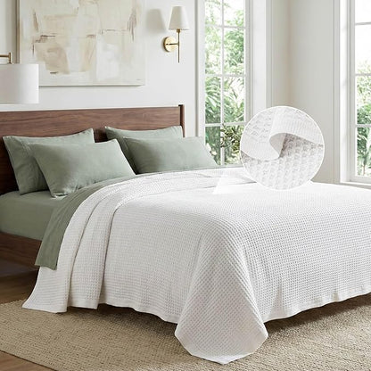 Bedsure Gentlesoft 100% Cotton Throw Blanket for Couch 50x70 inches - Cooling Breathable and Soft for Spring Summer, Waffle Weave Throw Blanket for Office, White