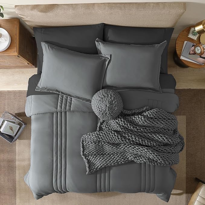 Monbix Queen Comforter Set - 7 Pieces Grey Bed in a Bag Queen Bedding Sets with Comforters, All Seasons Comforter Bed Set with Sheets,Pillowcases & Shams