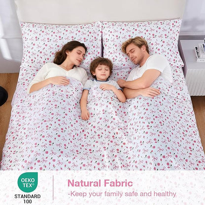 Softan Pink Floral Queen Bed Sheets, Cozy Microfiber Flower Printed Sheets with 15" Deep Pocket Fitted Sheet & Non-Slip Straps, Patterned Pink Rose - Bow Sheets & Pillowcase Set