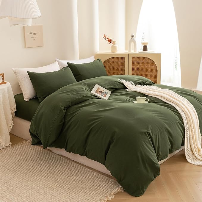 ECOCOTT 3 Pieces Duvet Cover Queen Size 100% Washed Cotton 1 Duvet Cover with Zipper and 2 Pillowcases, Ultra Soft and Easy Care Breathable Cozy Simple Style Bedding Set (Avocado Green)
