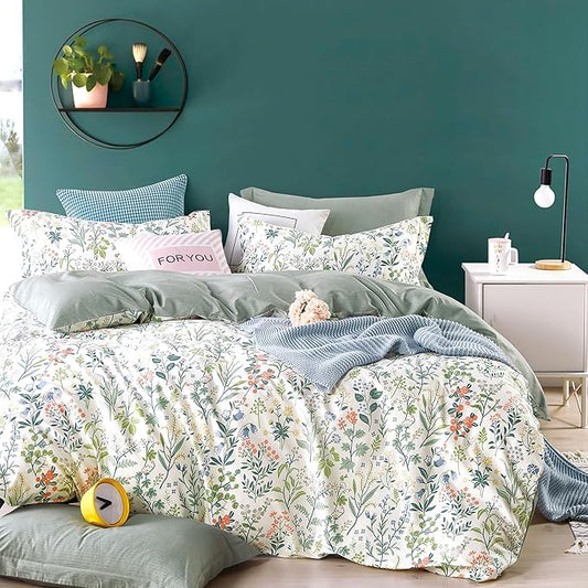 Floral Cotton Comforter Twin Size - Botanical Wildflower Pattern with Soft Pestel Accents on White, Textured Dusty Green Back, 2PC Lightweight Bedding Set with Down Alternative Fill(68"×90")