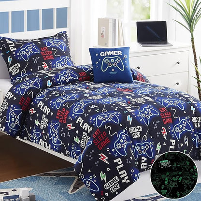 Kids Comforter Set Twin Size for Boys, Glow in The Dark Gamer Bedding Set 1 Comforter, 1 Decor Pillow, 1 Pillow Sham, Twin XL Comforter Set