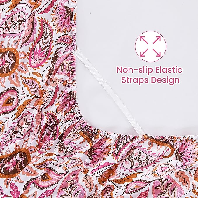 Softan Pink Paisley Floral Twin Sheet Set, 3-Piece Cozy Boho Microfiber Printed Fitted Bed Sheet with 15" Deep Pockets & Non-Slip Straps, Kids Girls Patterned Sheets & Pillowcase Set