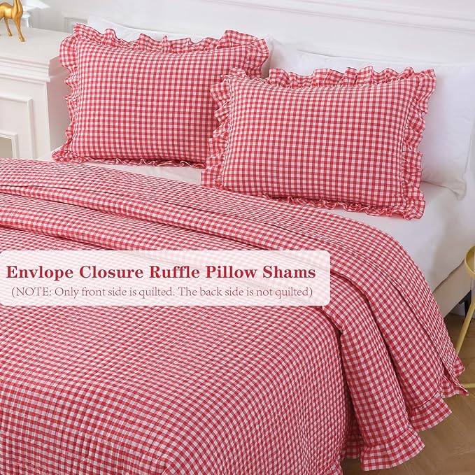 Red White Ruffle Gingham Quilt Set Queen Size with 2 Pillow Shams, 100% Washed Cotton Yarn-Dyed Quited Bedspread Farmhouse Bedding Set (Red, Queen)