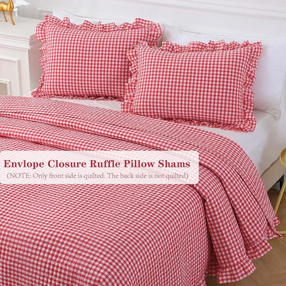Red White Ruffle Gingham Quilt Set Queen Size with 2 Pillow Shams, 100% Washed Cotton Yarn-Dyed Quited Bedspread Farmhouse Bedding Set (Red, Queen)
