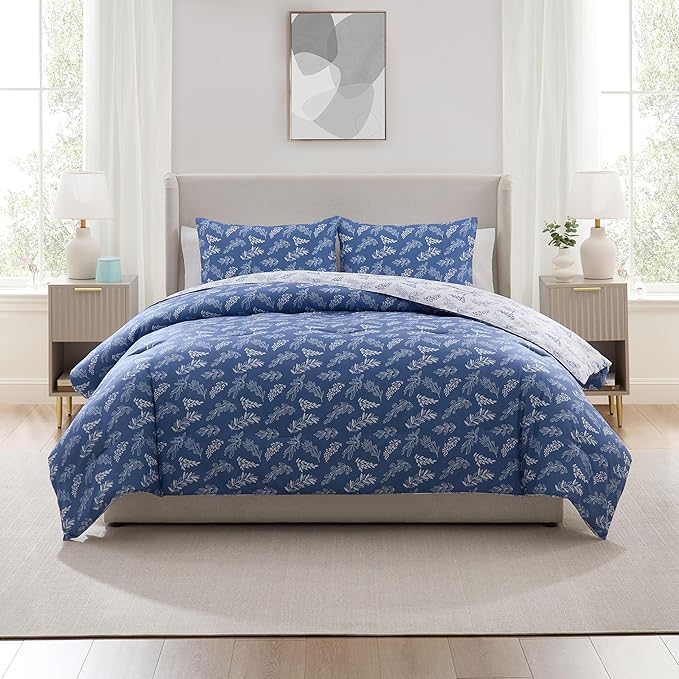 Nestl Full Size Comforter Sets - Slate Blue Bed in a Bag Full Size, 3 Pieces Reversible Bed Set, Soft Floral Bedding Set, All Season Botanical Comforters with Pillow Shams