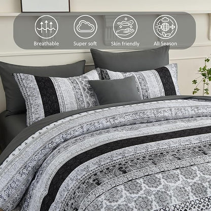 Cottolester Boho Queen Size Comforter Set 8 Pieces,Gray Bohemian Striped Bed in a Bag,Floral Soft Microfiber Bedding Comforter Set