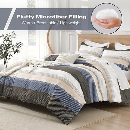 Litanika Queen Comforter Set Blue Brown - 3 Pieces Lightweight Fluffy Bedding Comforter Sets, All Season Down Alternative Comforter (1 Comforter, 2 Pillowcases)