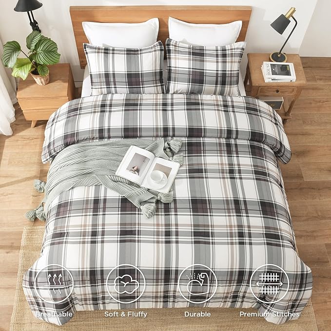 Andency Gray Brown Black Plaid Comforter Set Twin(66x90 Inch), 2 Pieces Grid Gingham Stripes Bedding Comforter Sets for Boys Girls Kids Teens, Preppy Geometric Line Soft Lightweight Reversible Bed Set