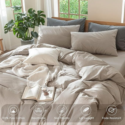 MooMee Bedding Duvet Cover Set 100% Washed Cotton Linen Like Textured Breathable Durable Soft Comfy (Solid Light Tan, Oversized Queen 98"x98")