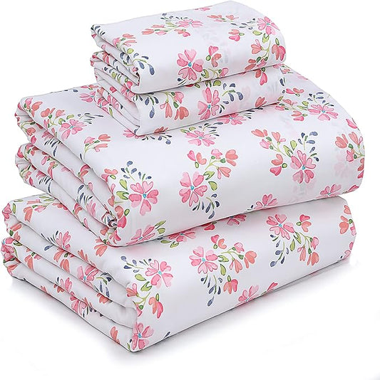 RUVANTI 100% Cotton Sheets – Full Size Percale Bedding, Cooling & Breathable Floral Design, Durable with a Crisp, Soft & Comfortable Feel, 16" Deep Pocket, 4-Piece Set, Bloomex