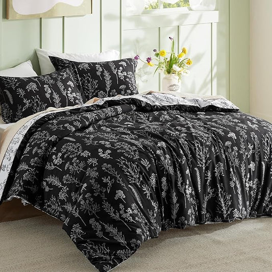 Bedsure Duvet Cover King Size - Reversible Black King Duvet Cover Set with Zipper Closure, 3 Pieces Floral Patterned Bedding Set with 8 Corner Ties and 2 Pillow Shams