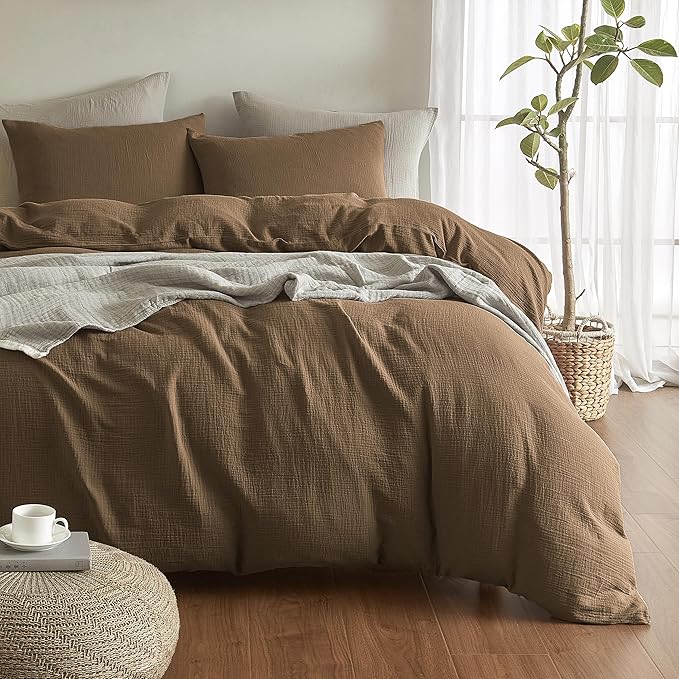 SE SOFTEXLY Muslin Duvet Cover Oversized King Size, 100% Washed Cotton Duvet Cover Set, Soft Comforter Cover Linen Like, 3 Pieces Minimalist Gauze Duvet Cover with 2 Pillowcases, 98"x120", Dark Brown