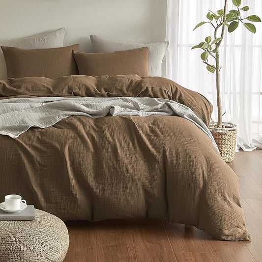 SE SOFTEXLY Muslin Duvet Cover Queen Size, 100% Washed Cotton Duvet Cover Set, Ultra Soft Comforter Cover Linen Like, 3 Pieces Minimalist Gauze Duvet Cover with 2 Pillowcases, 90"x90", Dark Brown