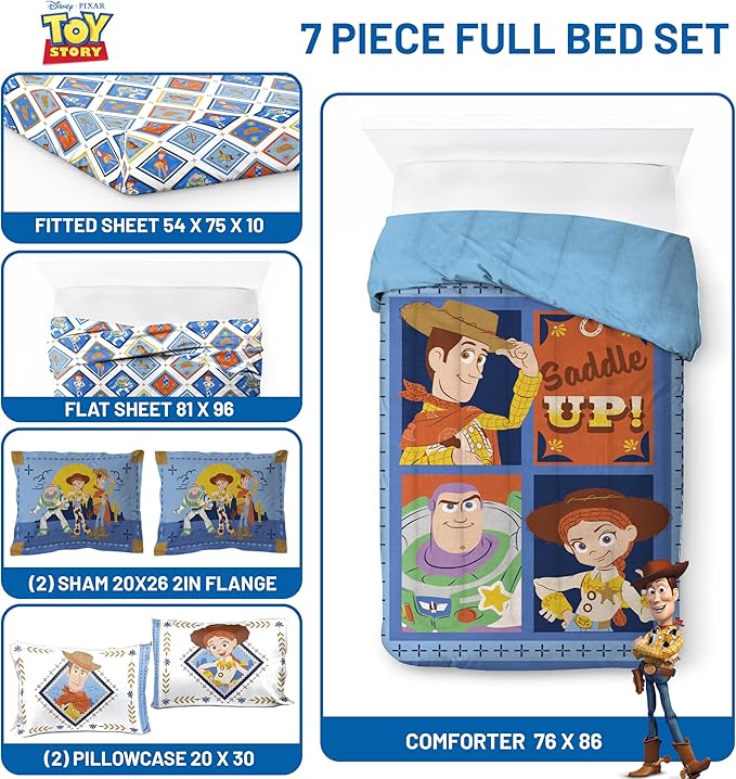Jay Franco Kids Comforter Set Includes Sheets and Pillow Covers - Soft and Cozy Bed Set for Stylish Room Decor, Official Licensed Bedding, Blue - Toy Story, 7 Piece Full