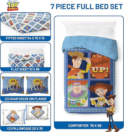 Jay Franco Kids Comforter Set Includes Sheets and Pillow Covers - Soft and Cozy Bed Set for Stylish Room Decor, Official Licensed Bedding, Blue - Toy Story, 7 Piece Full