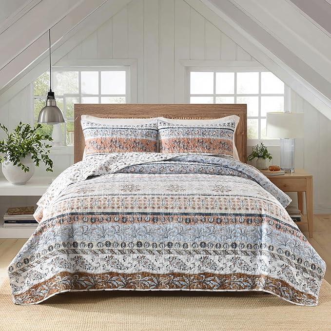 Boho Style King Quilt Set Mocha Brown Bohemian Floral Strip Quilt Beddding Set, Soft and Lightweight Bedspread for All Season, Oversize King Bed Coverlet with 2 Matching Pillow Shams (3 Pieces)
