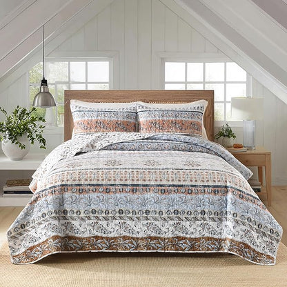 Boho Style King Quilt Set Mocha Brown Bohemian Floral Strip Quilt Beddding Set, Soft and Lightweight Bedspread for All Season, Oversize King Bed Coverlet with 2 Matching Pillow Shams (3 Pieces)