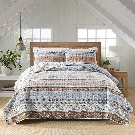 Boho Style King Quilt Set Mocha Brown Bohemian Floral Strip Quilt Beddding Set, Soft and Lightweight Bedspread for All Season, Oversize King Bed Coverlet with 2 Matching Pillow Shams (3 Pieces)