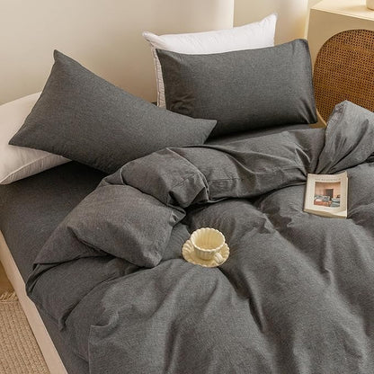ECOCOTT Grey Duvet Cover Queen Size, 100% Washed Cotton 1 Duvet Cover with Zipper and 2 Pillowcases, Ultra Soft and Easy Care Breathable Cozy Simple Style Bedding Set(Dark Grey)