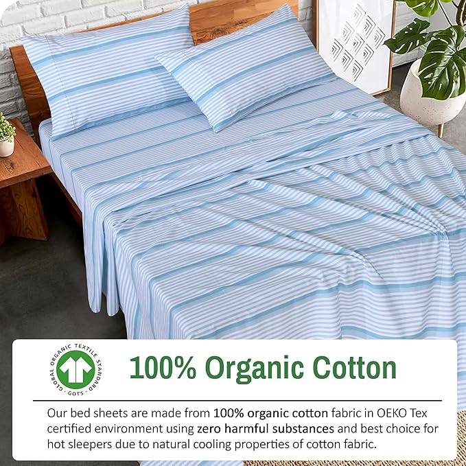 RUVANTI 100% Organic Cotton Sheets King Size, Percale Weave, GOTS Certified, 4-Piece Set, Deep Pocket 15", Crisp & Breathable, Soft Durable Bedding, Sábanas Algodón Orgánico – Nautical Stripes