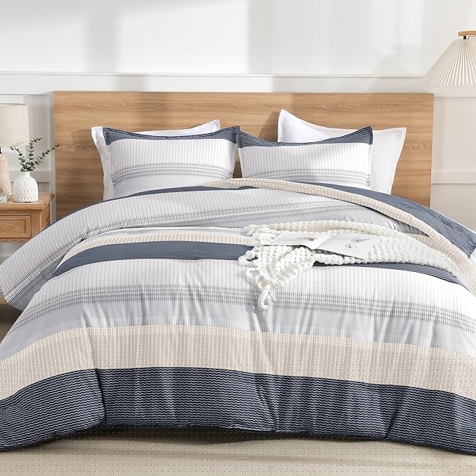 Litanika Comforter Set Full Size Blue Yellow - 3 Pieces Lightweight Blue Yellow White Colorblock Stripe Fluffy Bedding Comforter Sets, All Season Bed Set