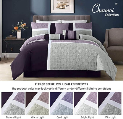 Chezmoi Collection Upland 7-Piece Quilted Patchwork Comforter Set, Lavender/Gray/Purple, California King