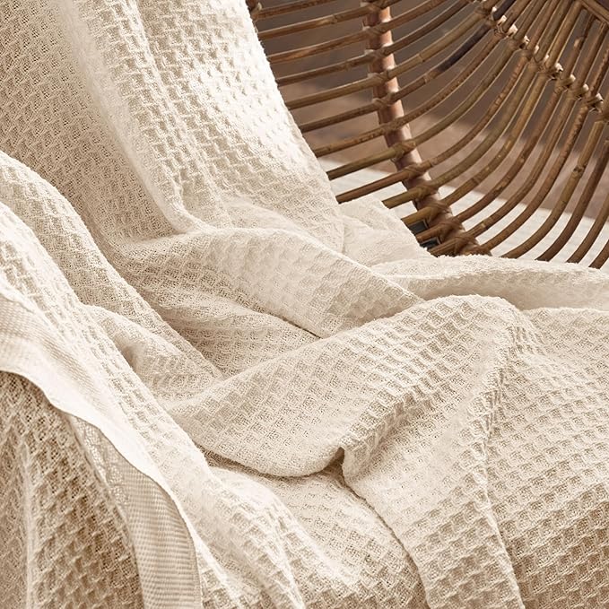 Bedsure Gentlesoft 100% Cotton Blanket Queen Size for Bed - Breathable and Soft for Spring Summer, Thick Cozy Waffle Weave Blanket Gifts for Women, Yellowish Cream, 90x90 Inches