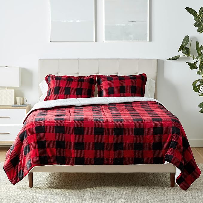 Basics 3-Piece Ultra-Soft Micromink Sherpa Bedding Set, Warm All Season Comforter, Full/Queen, Red Buffalo Plaid