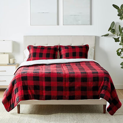Basics 3-Piece Ultra-Soft Micromink Sherpa Bedding Set, Warm All Season Comforter, Full/Queen, Red Buffalo Plaid