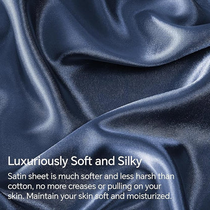 BEDELITE Satin Sheets Full Size Bed Set, Luxury Soft Navy Silky Sheet for Hair and Skin, Similar to Silk Bed Sheets Set 4 Pieces with 1 Deep Pocket Fitted Sheet, 1 Flat Sheet, and 2 Pillowcases