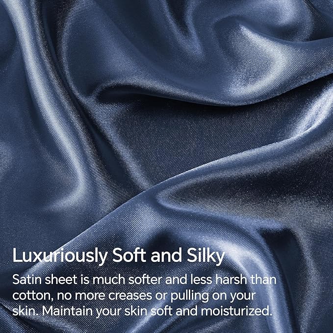 BEDELITE Satin Sheets Queen Size Bed Set, Luxury Soft Navy Silky Sheets for Hair and Skin, Similar to Silk Bed Sheets Set 4 Pieces （1 Deep Pocket Fitted Sheet, 1 Flat Sheet, and 2 Pillowcases）