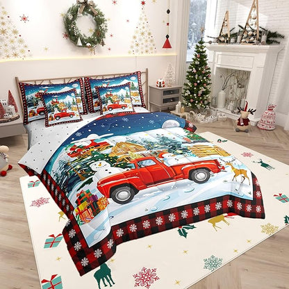 Cartoon Christmas Truck Comforter Set Bed in a Bag 7 Pieces Queen,Watercolor Snowman Santa Claus Bedding Set, Cabin (Comforter+Fitted+Flat Sheet+2 Pillowcases+2 Throw Pillow Covers)
