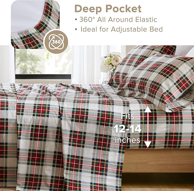 Comfort Spaces 100% Cotton Sheets Twin XL, Breathable, Naturally Cool Cotton Sheets, Cotton Bed Sheets 12" Elastic Pocket Fits up to 14" Mattress, All Seasons Sheet Set, Scottish Plaid Red 3 Piece
