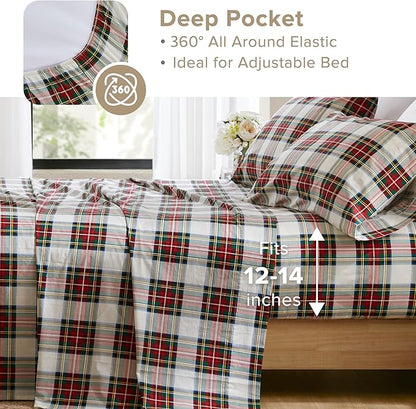 Comfort Spaces 100% Cotton Sheets Twin XL, Breathable, Naturally Cool Cotton Sheets, Cotton Bed Sheets 12" Elastic Pocket Fits up to 14" Mattress, All Seasons Sheet Set, Scottish Plaid Red 3 Piece