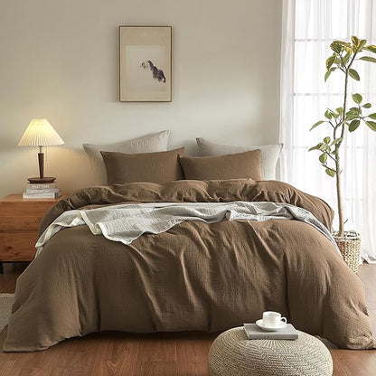 SE SOFTEXLY Muslin Duvet Cover Oversized King Size, 100% Washed Cotton Duvet Cover Set, Soft Comforter Cover Linen Like, 3 Pieces Minimalist Gauze Duvet Cover with 2 Pillowcases, 98"x120", Dark Brown