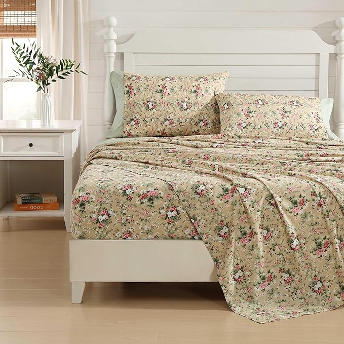 Laura Ashley - Twin Sheet Set, Breathable Percale Cotton Bedding with Deep Pockets, Chic Home Decor, Oeko-Tex Certified (Serene Dream Brown, Twin)