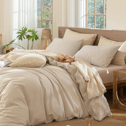 MooMee Striped Duvet Cover Set 100% Washed Cotton Linen Like Textured Breathable Durable Soft Comfy (Tannish Linen Grey White Pinstripes, Super Queen 90"x98")