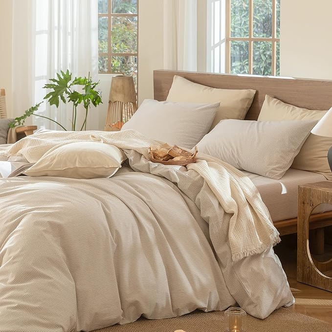MooMee Striped Duvet Cover Set 100% Washed Cotton Linen Like Textured Breathable Durable Soft Comfy (Tannish Linen Grey White Pinstripes, Full 80"x90")