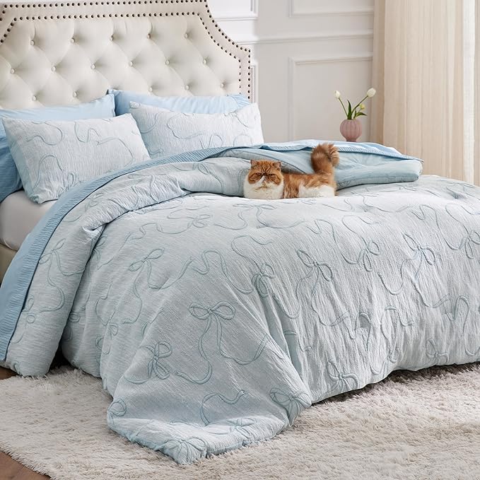 Bedsure Dusty Blue Twin XL/Twin Comforter Set for Girls, GentleSoft™ 2 Pieces Bow Comforter with 1 Pillow Sham, Twin Size Bedding Sets for Girls Room Decor Aesthetic Bedroom Decor, 68x88 Inches