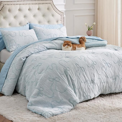 Bedsure Dusty Blue Comforter Set Queen, GentleSoft™ 3 Pieces Breathable Bow Comforter Set Women Girls with 2 Pillow Shams, Cute Queen Bedding Sets Room Decor Aesthetic Bedroom Decor, 90x90 Inches