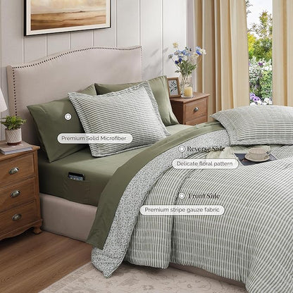 King Comforter Set - 7 Pieces Green Gauze Muslin Bedding Sets for All Seasons, Lightweight Breathable Bed in a Bag King with Revesible Farmhouse Comforter, Sheets, Pillowcases & Shams