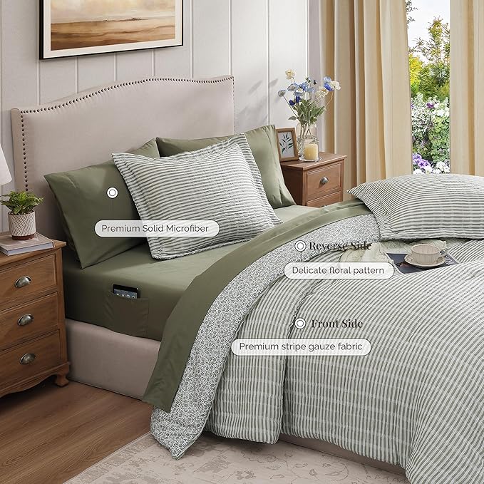 Full Comforter Set - 7 Pieces Green Gauze Muslin Bedding Sets for All Seasons, Lightweight Breathable Bed in a Bag Full with Revesible Farmhouse Comforter, Sheets, Pillowcases & Shams